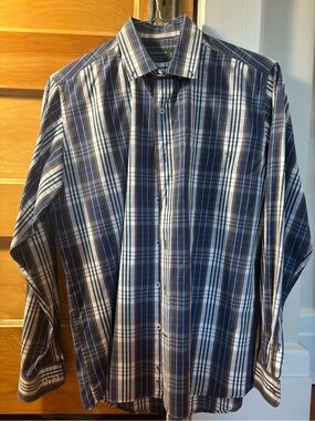 Men's Navy and White Plaid Button-Down Shirt